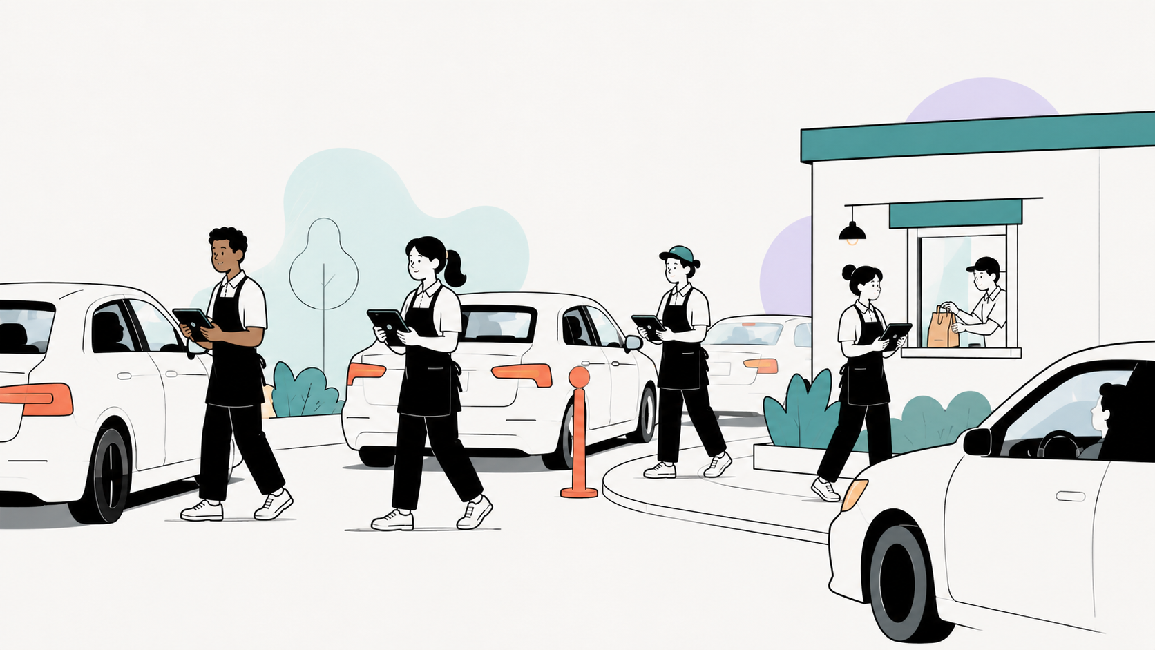 Several employees taking drive-thru orders on tablets alongside vehicles waiting in lane