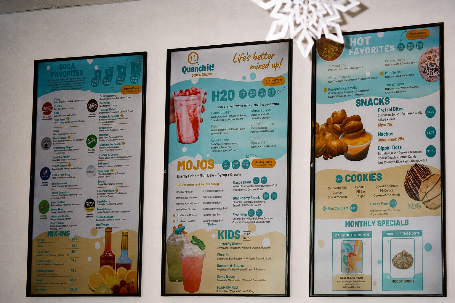 Three digital menu boards showing a quick-service restaurant menu