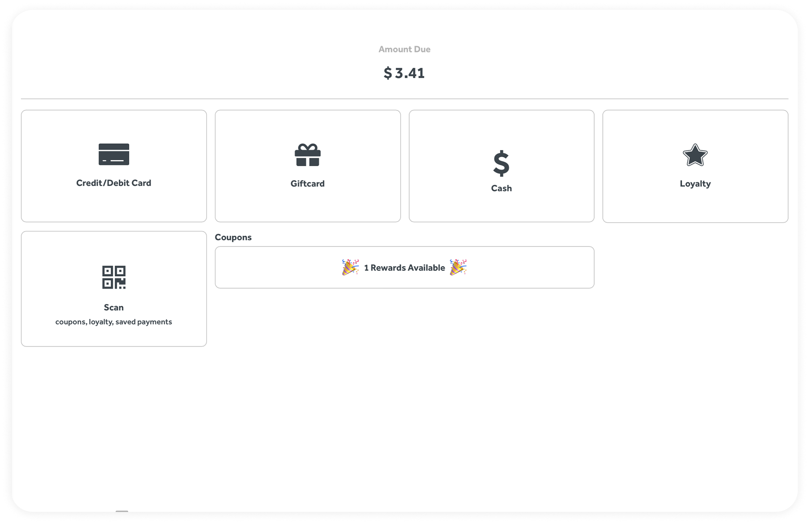 Register payment screen showing amount due, card, gift card, cash, loyalty, and scan tenders alongside the guest profile credit and points