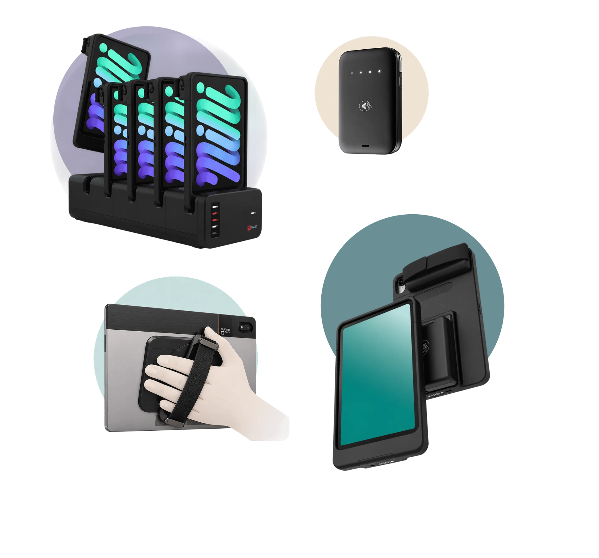 Mobile line-busting hardware: tablet charging bay, mobile card reader, hand strap, and handheld payment device