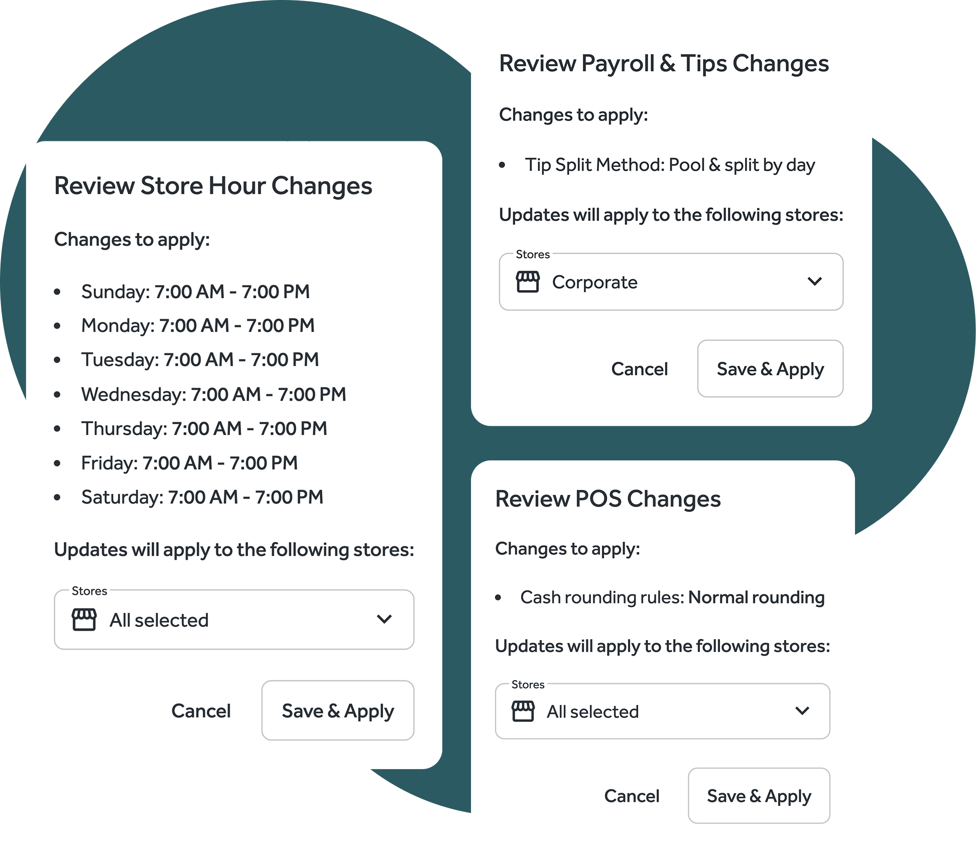 Crisp Bulk Actions interface reviewing store hour, payroll, and POS changes across selected locations