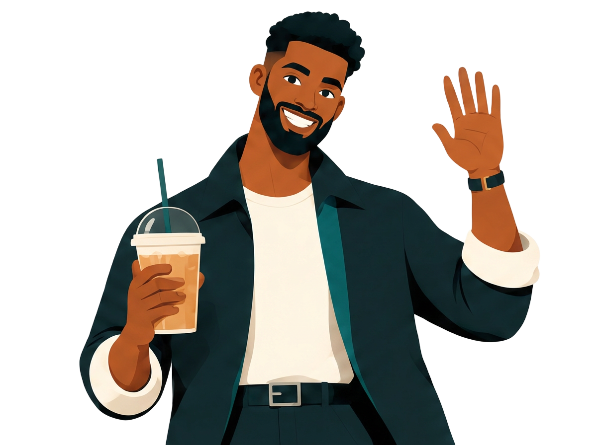 Illustration of a VIP guest holding a cold drink and waving