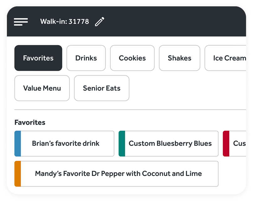 Register favorites screen showing category tabs and saved customized drinks for known guests