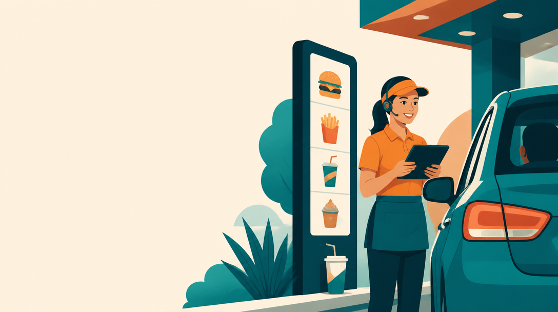 Illustration of a drive-thru team member taking an order at the vehicle with a tablet