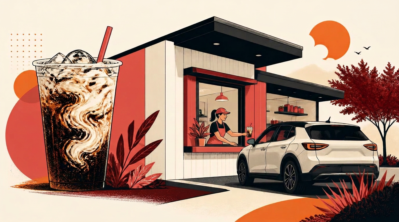 Illustration of a Swig-style drive-thru soda shop serving a dirty soda to a guest in a car