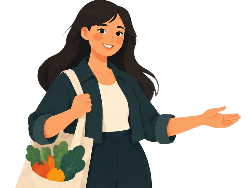 Illustration of a community partner carrying a reusable produce bag